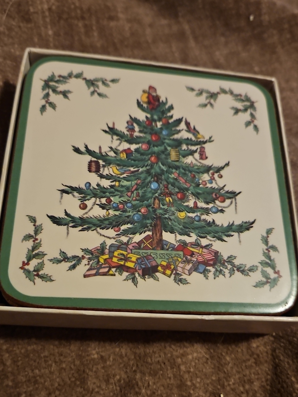 Spode Green and Red Christmas Tree Holiday Coasters, Same Tree Design On All 6